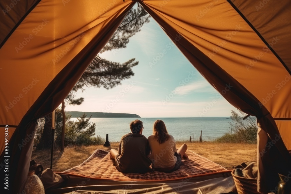 couple in love on vacation in a tent. view of nature from the tent. concept of travel and free time