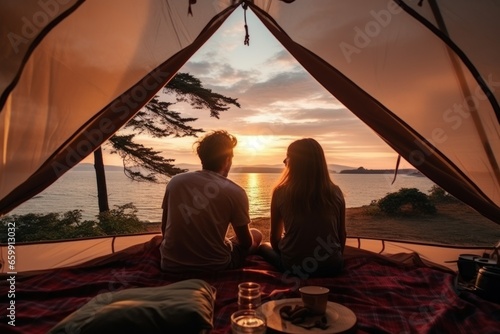 couple in love on vacation in a tent. view of nature from the tent. concept of travel and free time #659913032