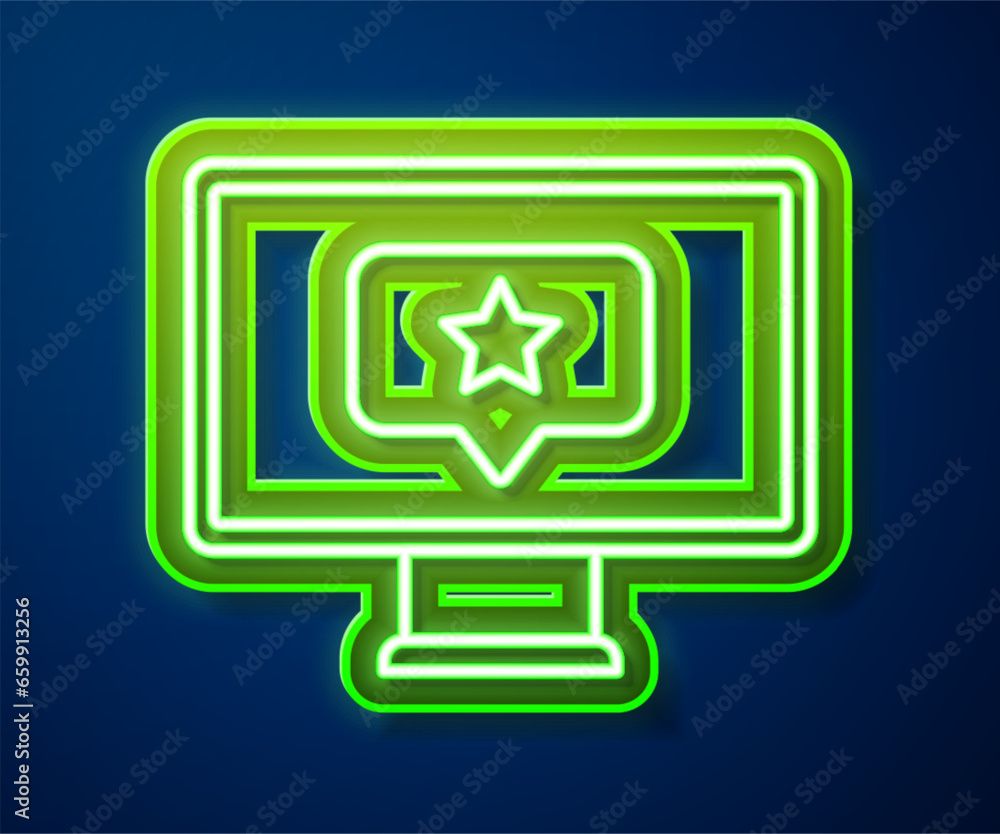 Glowing neon line Monitor with star icon isolated on blue background. Favorite, best rating, award symbol. Vector Glowing neon line Monitor with star icon isolated on blue background. Favorite, best rating, award symbol. Vector