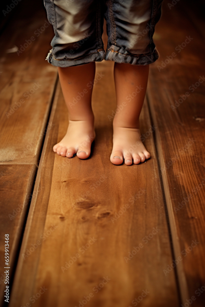 The child feet are on the floor. Generative AI. The child feet are on the floor. Generative AI.