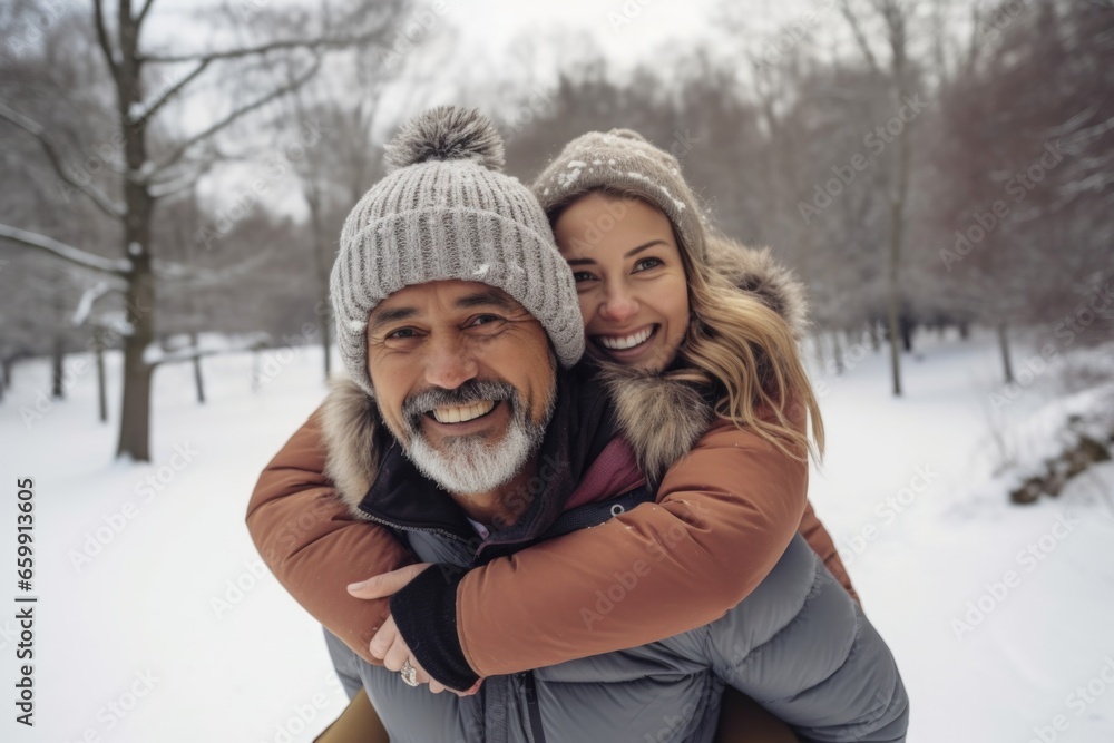 A man carrying a woman on his back in the snow. Imaginary AI picture. A man carrying a woman on his back in the snow. Imaginary AI picture.