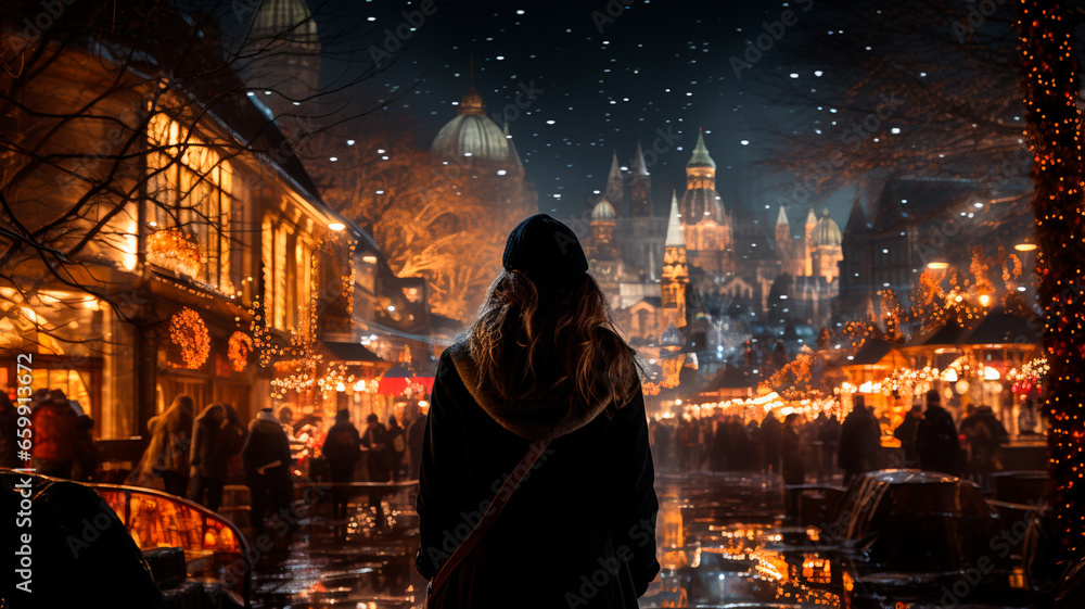 mujer disfrutando de la vista del mercadillo de navidad por la noche en la ciudad. Víspera de navidad mujer disfrutando de la vista del mercadillo de navidad por la noche en la ciudad. Víspera de navidad