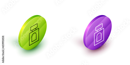 Isometric line Aftershave icon isolated on white background. Cologne spray icon. Male perfume bottle. Green and purple circle buttons. Vector
