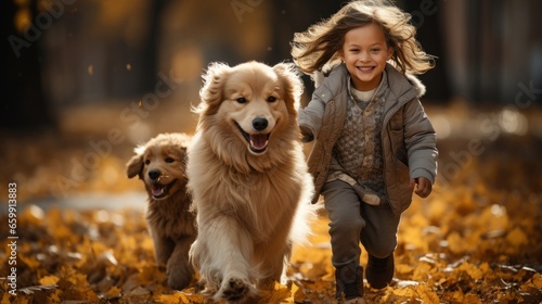 Cute little girl running with her dogs along alley in beautiful autumn park. Сharming little lady on a walk with her pets. Happy laughing girl playing and having fun with her adored puppies.