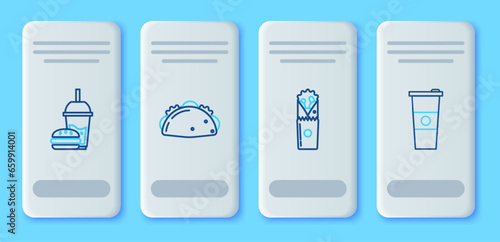 Set line Taco with tortilla, Doner kebab, Paper glass drinking straw and burger and water icon. Vector