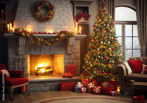 beautifully decorated Christmas tree inside the house and lit up with a soft, warm glow during the Christmas season Living room with fireplace, decorated Christmas tree with ornaments and twinkling li