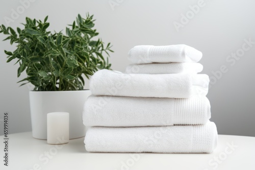 A stack of white towels sitting on top of a table. AI image.