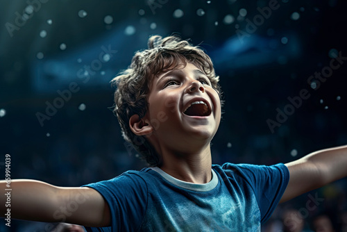 Soccer boy. Junior football or soccer player at stadium in flashlight. Young male sportive model training. Moment of win celebrating. Concept of sport, competition, winning, action, motion, overcoming