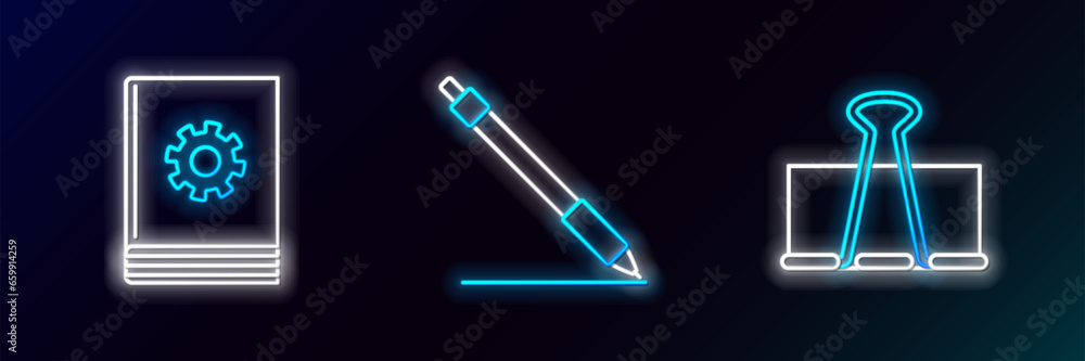 Set line Binder clip, User manual and Pen line icon. Glowing neon. Vector Set line Binder clip, User manual and Pen line icon. Glowing neon. Vector