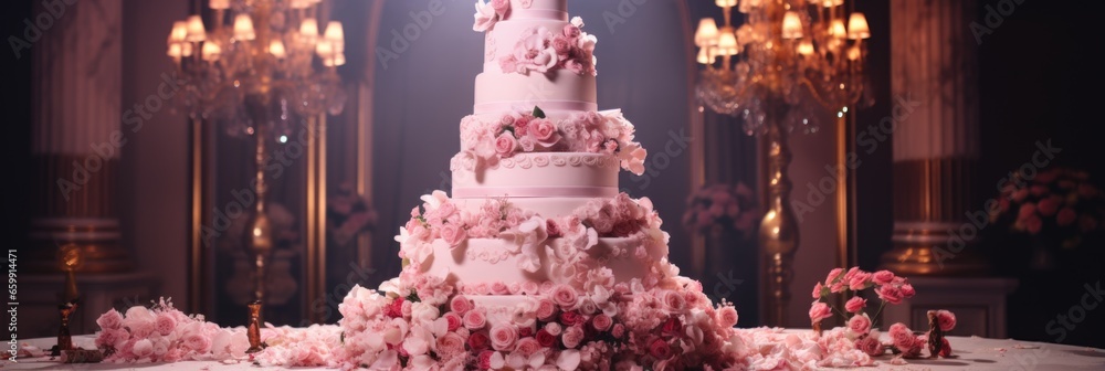 A wedding cake with multiple tiers and a detailed decoration - obrazy, fototapety, plakaty 