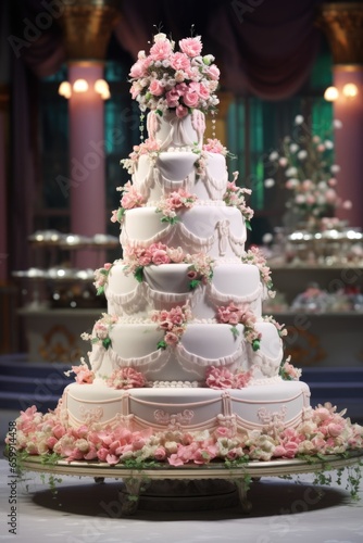 A wedding cake featuring several layers and a complex design