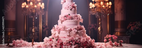 A wedding cake with multiple tiers and a detailed decoration photo