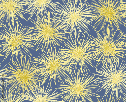 Yellow and blue seamless textured pattern of fluffy pom poms on dark background. Festive sparkler lights celebration background.