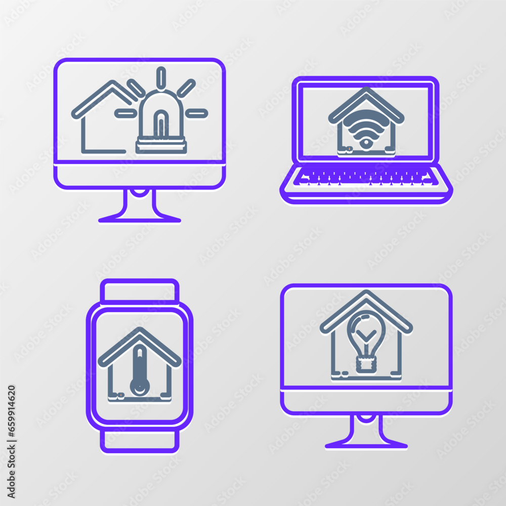 Set line Computer monitor with smart house and light bulb, Smart watch temperature, Laptop home wi-fi and alarm icon. Vector Set line Computer monitor with smart house and light bulb, Smart watch temperature, Laptop home wi-fi and alarm icon. Vector