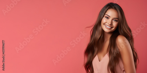 Smimilg young woman with tanned skin and long groomed hair isolated on flat red pastel background with copy space. Model for banner of cosmetic products, beauty salon and dentistry