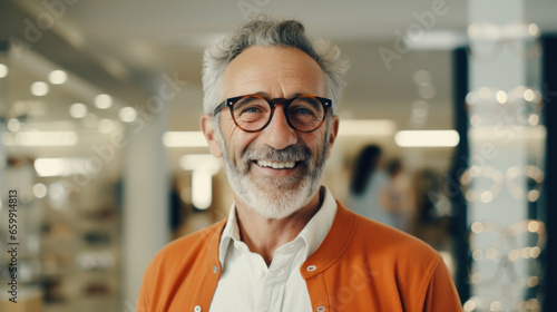 Senior man chooses on glasses in an optics store.