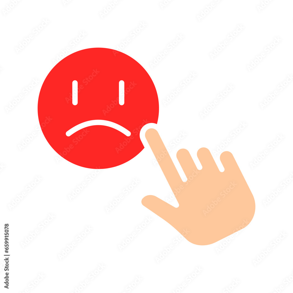 Hand clicks sad emoji line icon. Controls, touchpad, tablet, phone, sensor, touchscreen, gadgets. Vector color icon on a white background for business and advertising. Hand clicks sad emoji line icon. Controls, touchpad, tablet, phone, sensor, touchscreen, gadgets. Vector color icon on a white background for business and advertising.
