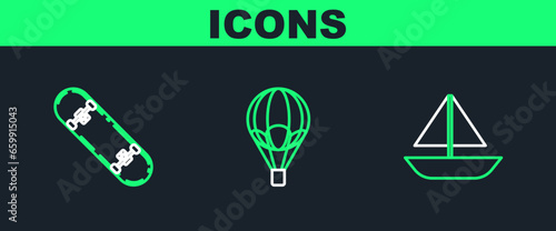 Set line Yacht sailboat or sailing ship, Skateboard and Hot air balloon icon. Vector
