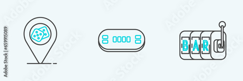 Set line Slot machine, Casino location and Poker table icon. Vector