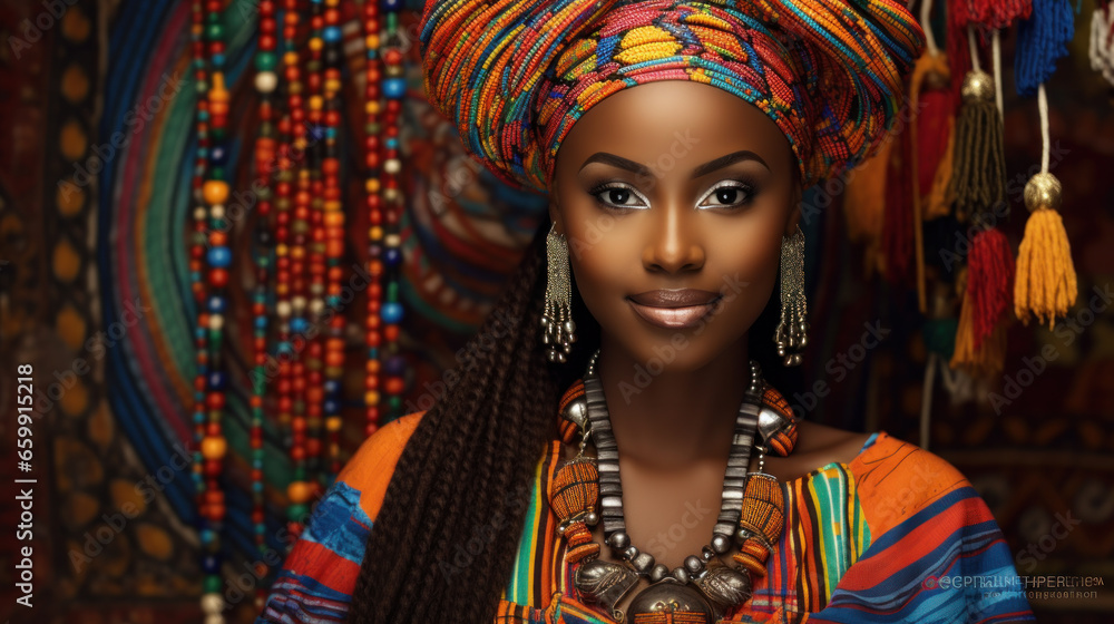 Closeup portrait of young Beautiful African-American female model with beautiful eyes looking away wearing traditional ethnic clothes standing on dark background - obrazy, fototapety, plakaty 