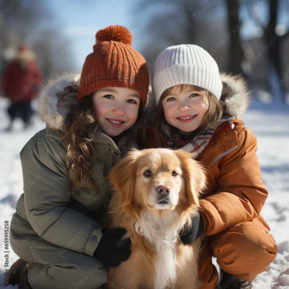 Two charming little girls in winter parkas and knitted hats with a big shaggy dog in winter snowy park. Cute little sisters hugging their adored puppy. Love and affection between child and pet. Two charming little girls in winter parkas and knitted hats with a big shaggy dog in winter snowy park. Cute little sisters hugging their adored puppy. Love and affection between child and pet.