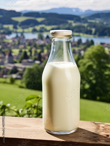 Bottle of homemade village milk against the backdrop of the village. AI