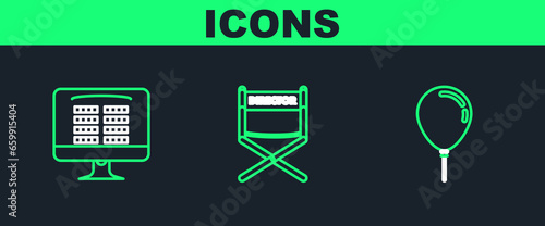 Set line Balloon with ribbon, Buy cinema ticket online and Director movie chair icon. Vector