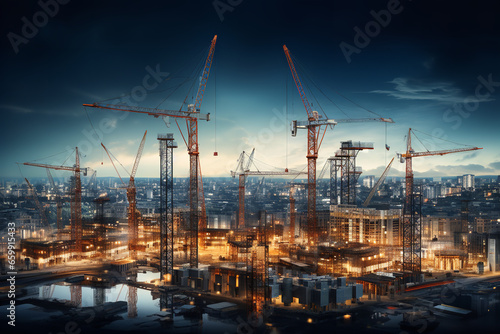 A panoramic view of a city skyline filled with construction cranes, indicating a booming real estate market