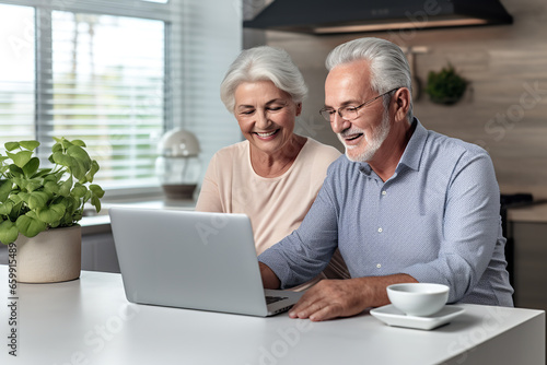 An elderly couple sit together, looking at downsizing options on a laptop screen as they plan for retirement photo