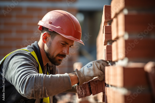 A skilled construction worker is meticulously placing red bricks to form a wall as part of a new residential building project photo