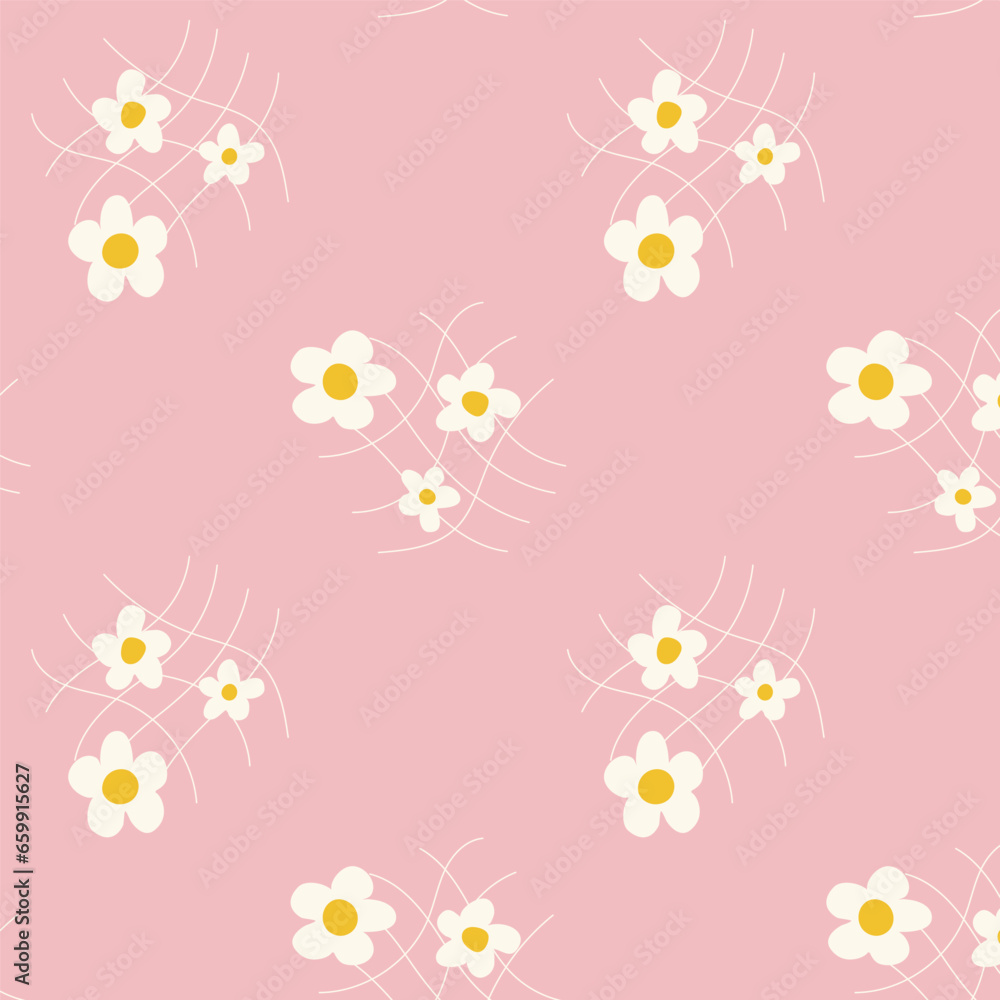 White flowers, camomile,daisy isolated on beige background. Hand drawn floral seamless pattern vector illustration. White flowers, camomile,daisy isolated on beige background. Hand drawn floral seamless pattern vector illustration.