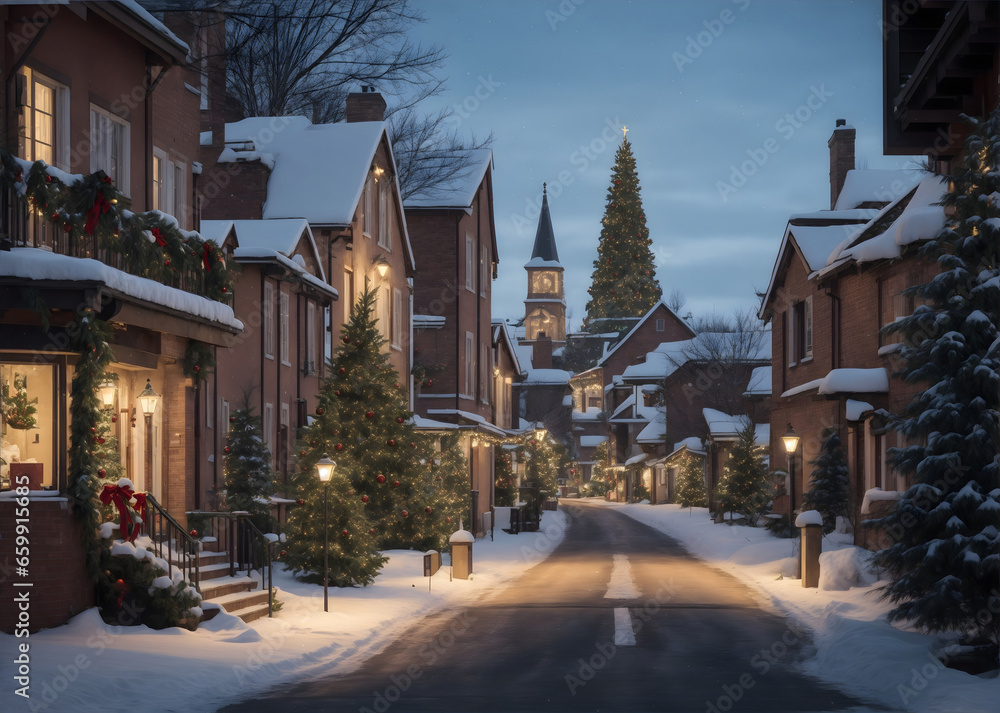 A Beautiful illustration of Snow capped Houses and Cook pine trees on either sides of the road with street lights on a Chirstmas evening..