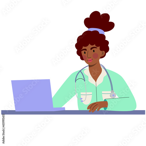 A dark-skinned woman doctor in an uniform sits at her desk and gives online health consultations. The concept of online medicine. 