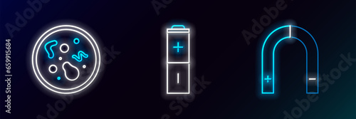 Set line Magnet, Bacteria and Battery icon. Glowing neon. Vector