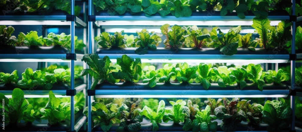 Vegetables are cultivated indoors using led lights in vertical farms which promotes sustainable agriculture for future food and plant vaccine production With copyspace for text