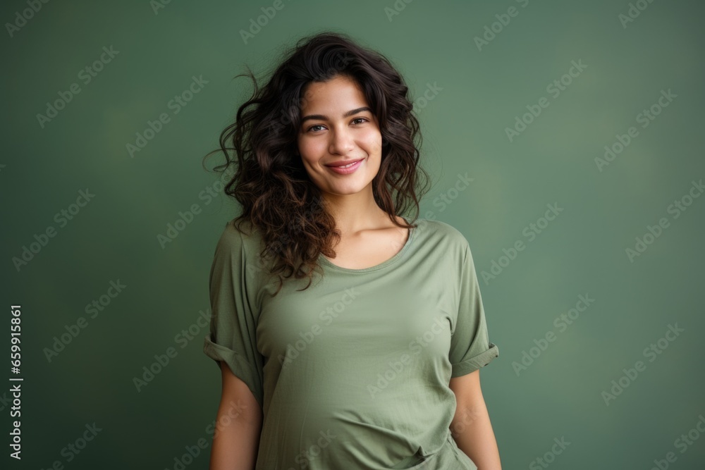 A pregnant lady in front of a minimalist and brightly illuminated setting A pregnant lady in front of a minimalist and brightly illuminated setting