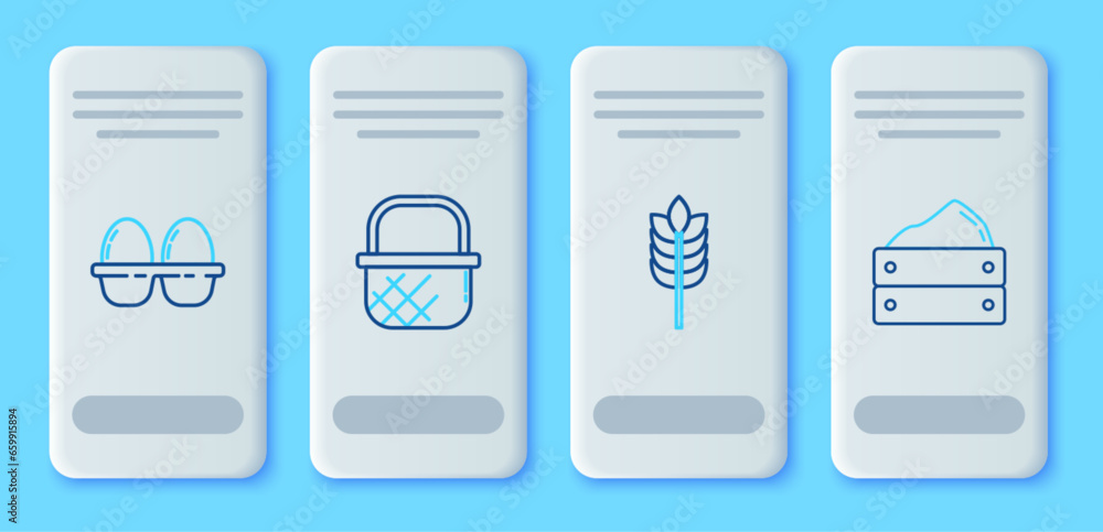 Set line Shopping basket, Cereals with rice, wheat, corn, oats, rye, Chicken egg box and Wooden harvest icon. Vector