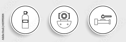 Set line Industry metallic pipes and valve, Aqualung and icon. Vector