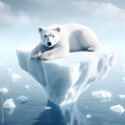 Polar bear lying on the  Arctic iceberg floating on the sea,cold and loneliness,climate change,world natural,north of the earth