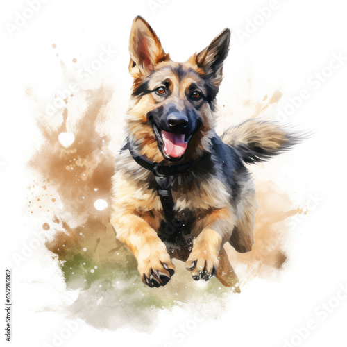 Watercolor paint of playful young german shepherd in front of white background
