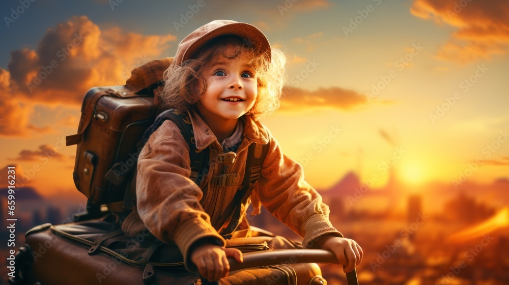 3D rendering of Dreams of travel! Child flying on a suitcase against the backdrop of sunset. - obrazy, fototapety, plakaty 