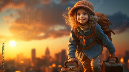 3D rendering of Dreams of travel! Child flying on a suitcase against the backdrop of sunset.