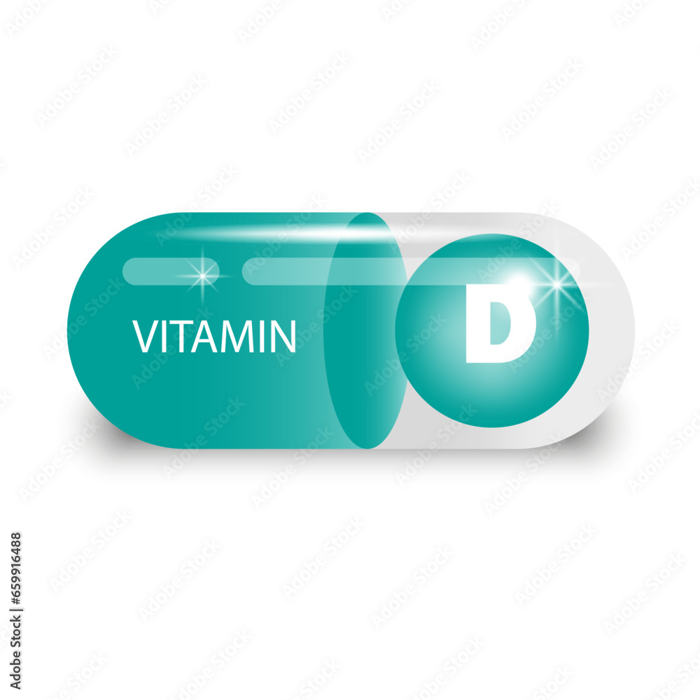 Vitamin D in green capsule. Health pill. Vector illustration. EPS 10.