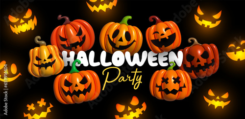 Happy Halloween. Horizontal banner for website and social networks. Inflatable 3d pumpkins, emotions on his face scary smile. Creative poster, party flyer design, brochure. Vector illustration