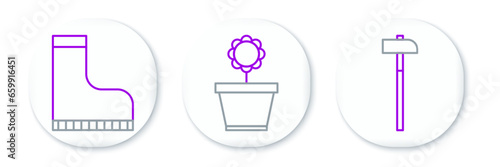 Set line Hammer, Waterproof rubber boot and Flower in pot icon. Vector