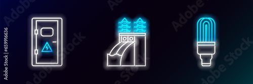 Set line LED light bulb, Electrical cabinet and Nuclear power plant icon. Glowing neon. Vector
