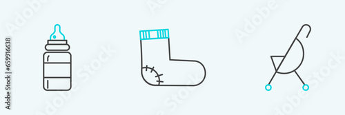 Set line Baby stroller, bottle and socks clothes icon. Vector