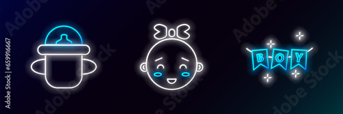 Set line Carnival garland with flags, Baby bottle and Happy little girl head icon. Glowing neon. Vector