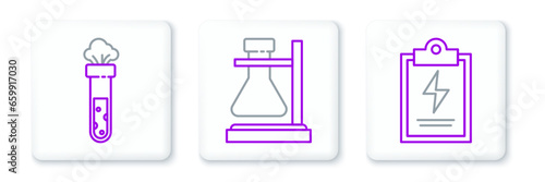 Set line Laboratory clipboard with checklist, Test tube and flask chemical and on stand icon. Vector