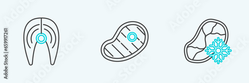 Set line Fresh frozen steak meat, Fish and Steak icon. Vector